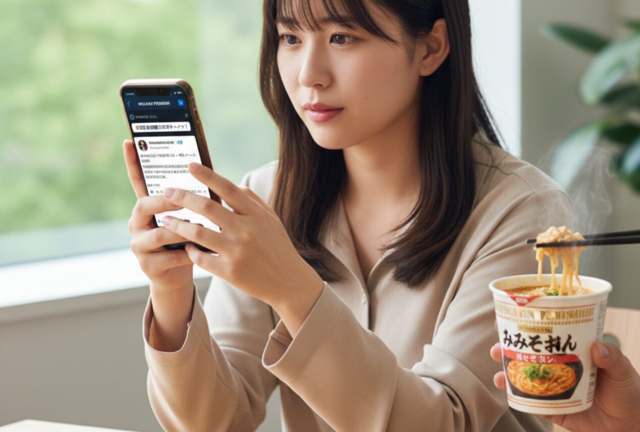 スマートフォンでHIKAKINの公式X(旧Twitter)をチェックし、みそきんの再販情報を熱心に確認する日本人の若い女性。彼女の表情は真剣で、画面には再販に関する投稿が表示されている。