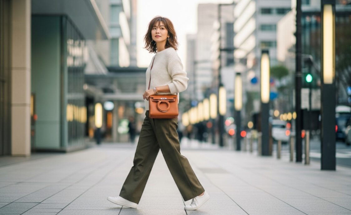 都会的な街を歩く、エルメス「インザループ」のボディバッグを身につけたスタイリッシュな日本人女性。