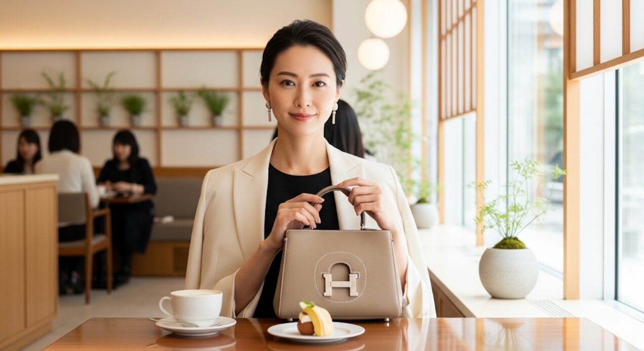 洗練されたカフェで、ベージュのエルメス「インザループ 18」ハンドバッグを持つ日本人女性。