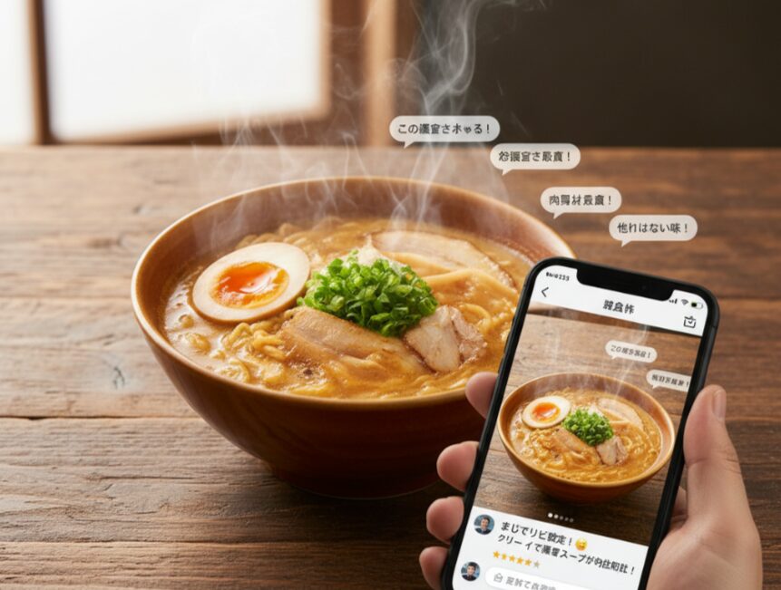 湯気が立ち上る濃厚な味噌ラーメンのどんぶりと、そのラーメンのレビュー画面を表示したスマートフォンを手に持つ様子。スマートフォンの画面には「この濃厚さネ申やろ!」「クリーミーで濃厚スープが圧倒的!」といった高評価の口コミが表示されている。