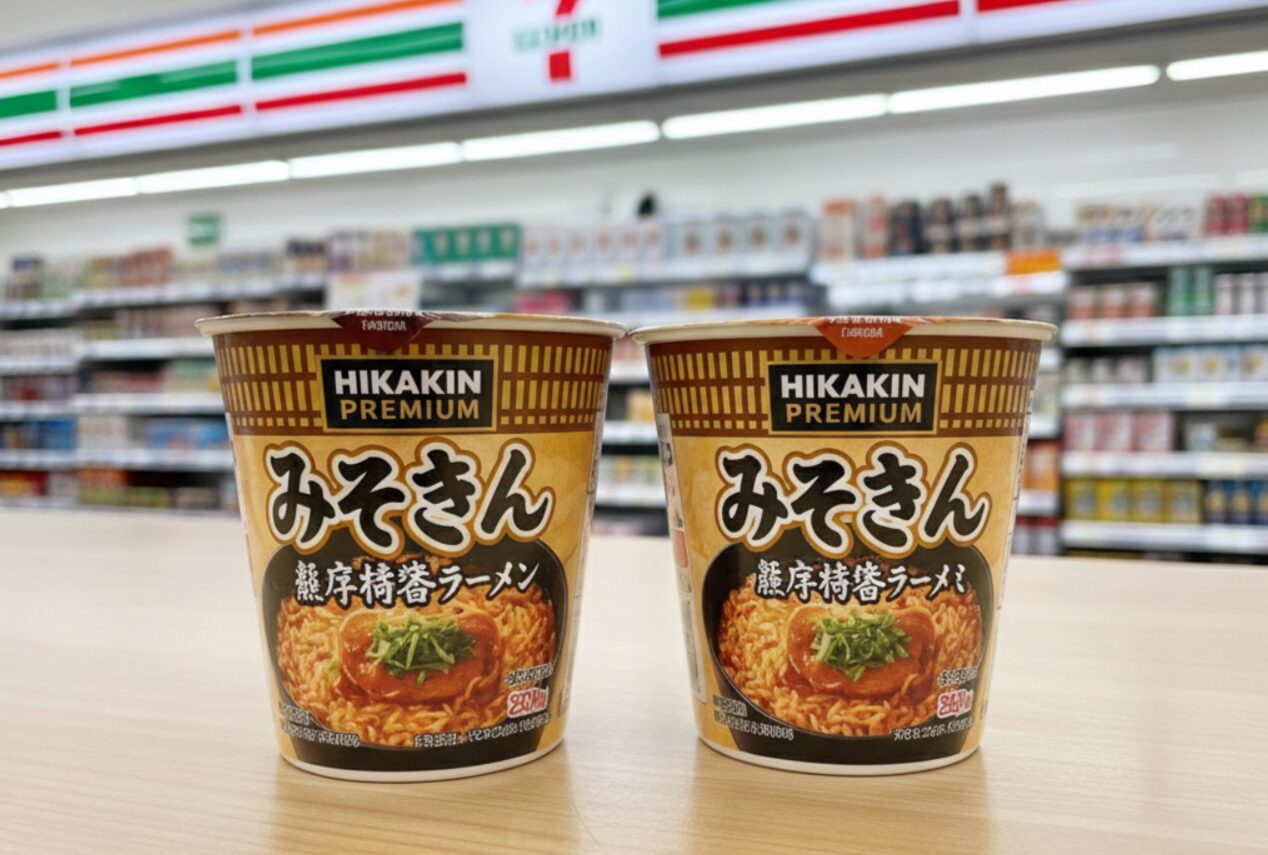 HIKAKIN PREMIUMと書かれたカップ麺「みそきん」と、パッケージに「みそきんメシ」と書かれたカップ飯が並べられ、背景にはセブンイレブンの店舗がぼんやりと見える。