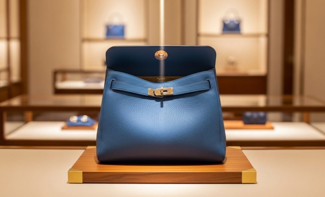 ラグジュアリーなブティックに展示された、スポットライトを浴びるエルメス「インザループ」。その希少性と高級感を表現。