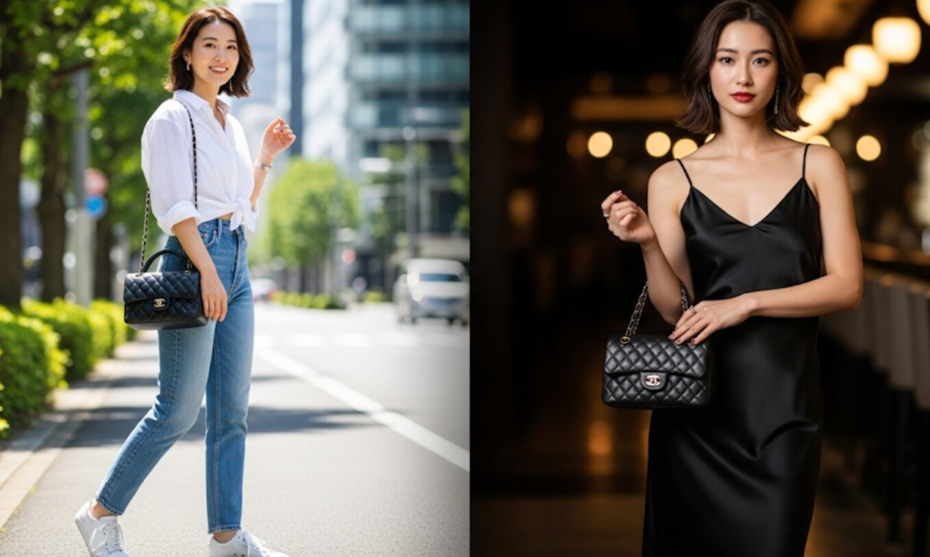 一人の日本の女性が、ココハンドルxsバッグをカジュアルな服装とエレガントな服装の両方で使いこなしている様子を左右で比較した画像。