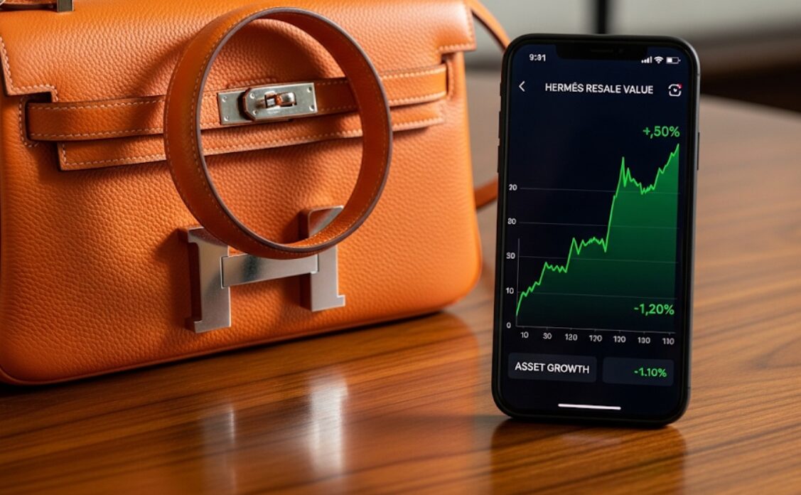 丁寧に使用されたエルメス「インザループ」の隣に、上昇トレンドを示すグラフが表示されたスマートフォンの画面。高い資産価値とリセールバリューを象徴。