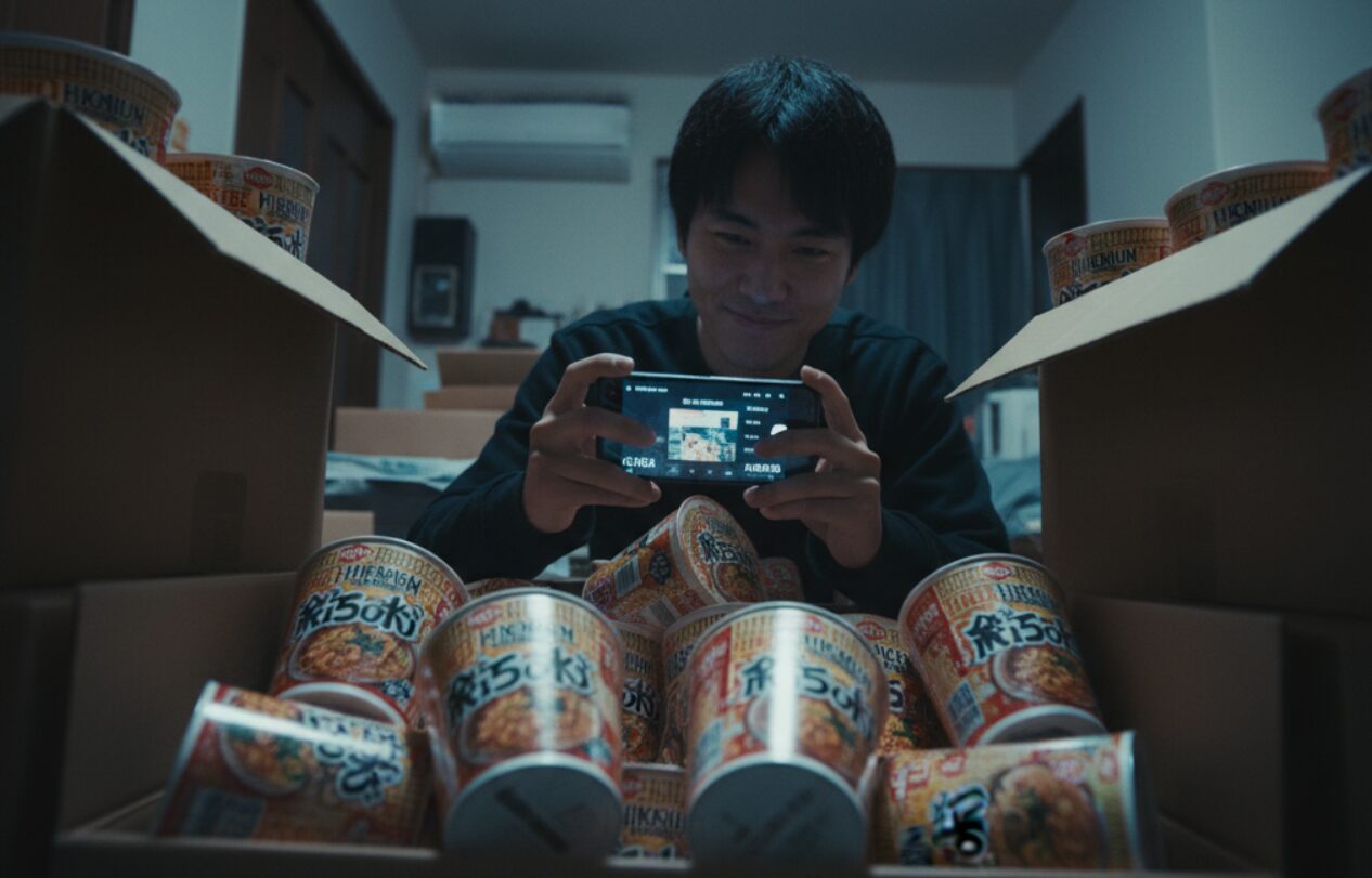 買い占められたみそきんのカップ麺が段ボール箱に大量に積まれ、それをオンラインで高額転売しようとしている日本人の人物の様子。フリマアプリの画面が背景にぼんやりと見える。