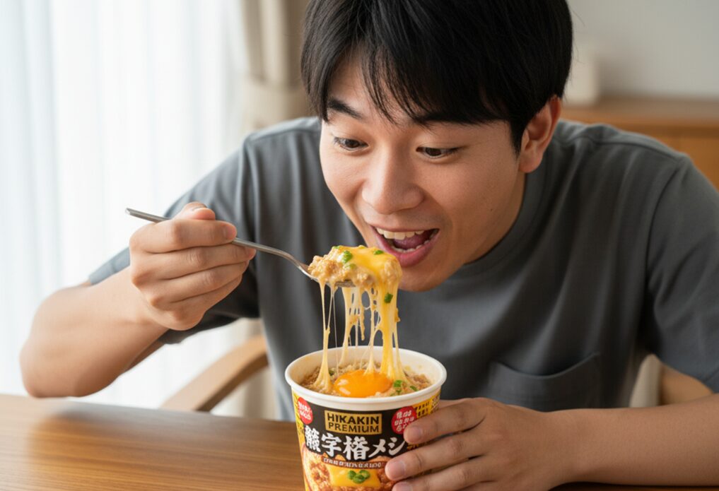 濃厚な味噌豚骨スープを吸ったご飯が魅力の「みそきん 濃厚味噌メシ」のカップ飯を美味しそうに食べている日本人の若い男性。とろけるチーズや卵黄がトッピングされており、より食欲をそそるアレンジが加えられている。