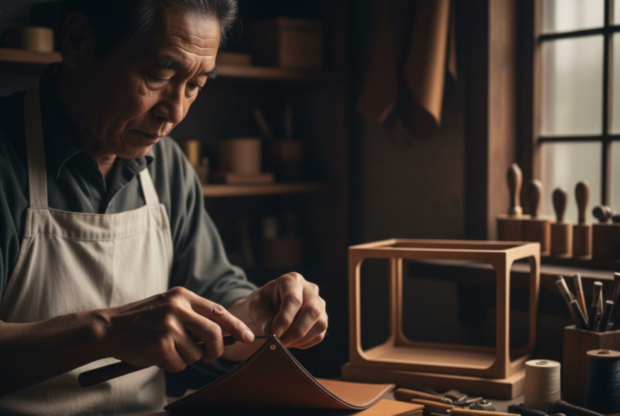 伝統的な革工房で、熟練の日本人職人が手作業で革製品を製作している様子。周囲には様々なレザークラフト用具が並べられている。