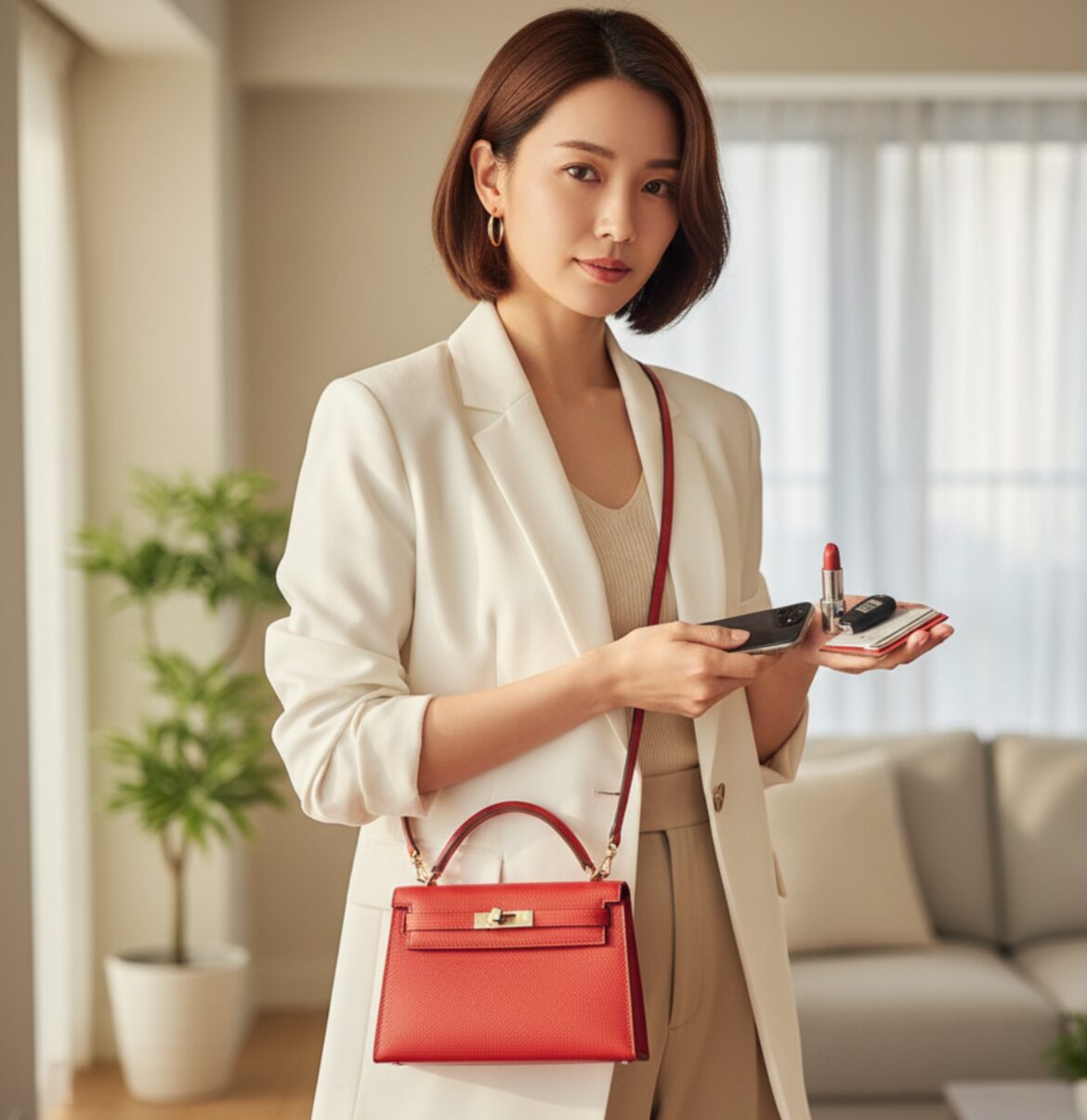 明るいリビングで、赤いエルメス ケリートゥーゴーを肩から下げた日本人女性が、財布、スマートフォン、口紅などの持ち物を手に持っている。