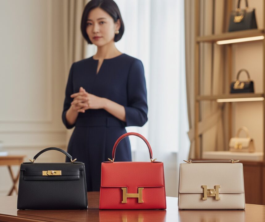 高級ブティックの木製テーブルに、エルメスのケリートゥーゴーとコンスタンストゥーゴー、シネティックトゥーゴーが並べられている。奥には、日本人女性の店員が立って説明している。
