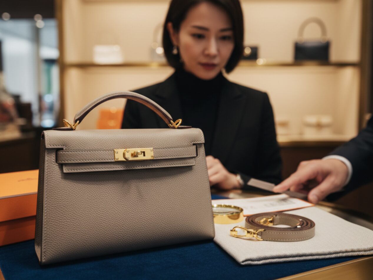中古ブランド品専門店で、エルメスのケリートゥーゴーを査定している様子。日本人女性の店員が顧客と話しながら、バッグの状態と付属品を確認している。