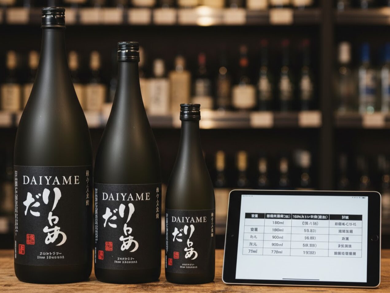 だいやめ芋焼酎の1800ml、900ml、720mlボトルが並べられ、隣に価格一覧表を表示したタブレットが置かれている。