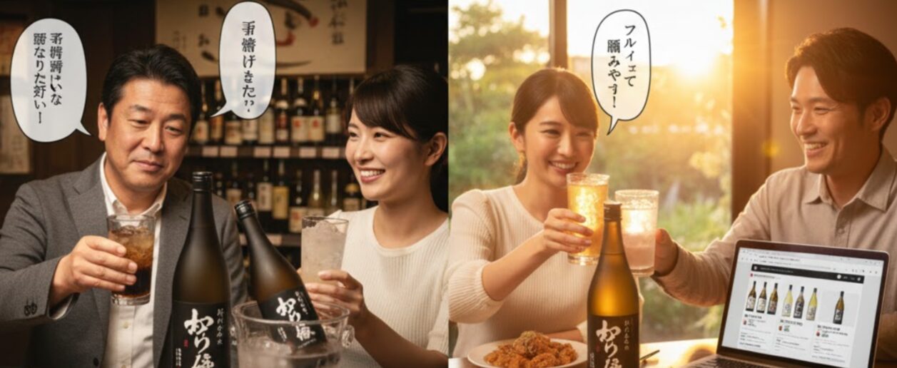 4枚の画像をコラージュ。だいやめを飲みながら喜ぶ人、困惑した表情の人、スマートフォンで「まずい」と検索する人の手が表現されている。