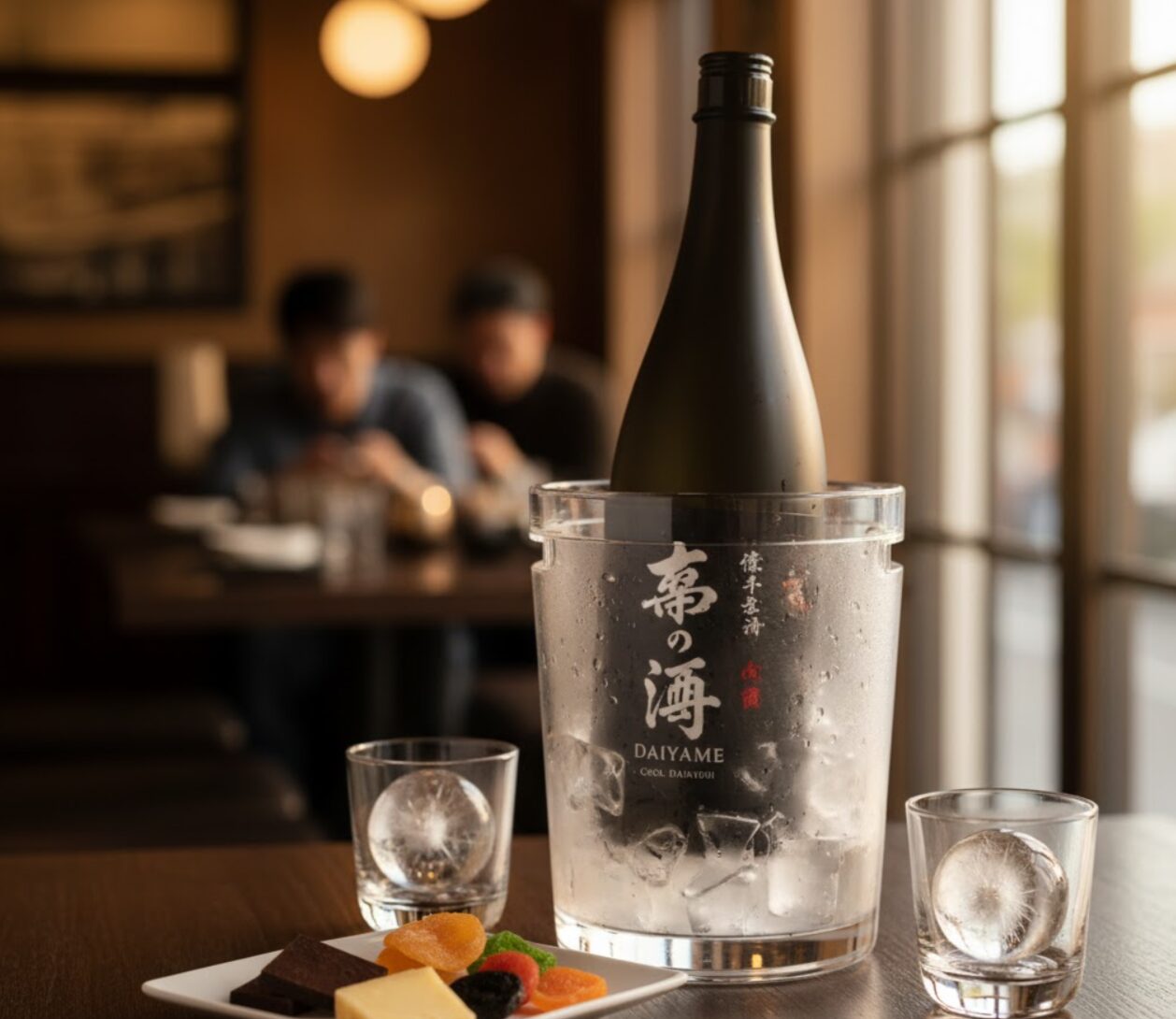 窓から光が差し込むテーブルに、だいやめ芋焼酎のボトルがワインクーラーで冷やされており、隣にはショットグラスとチョコレート、ドライフルーツが置かれている。
