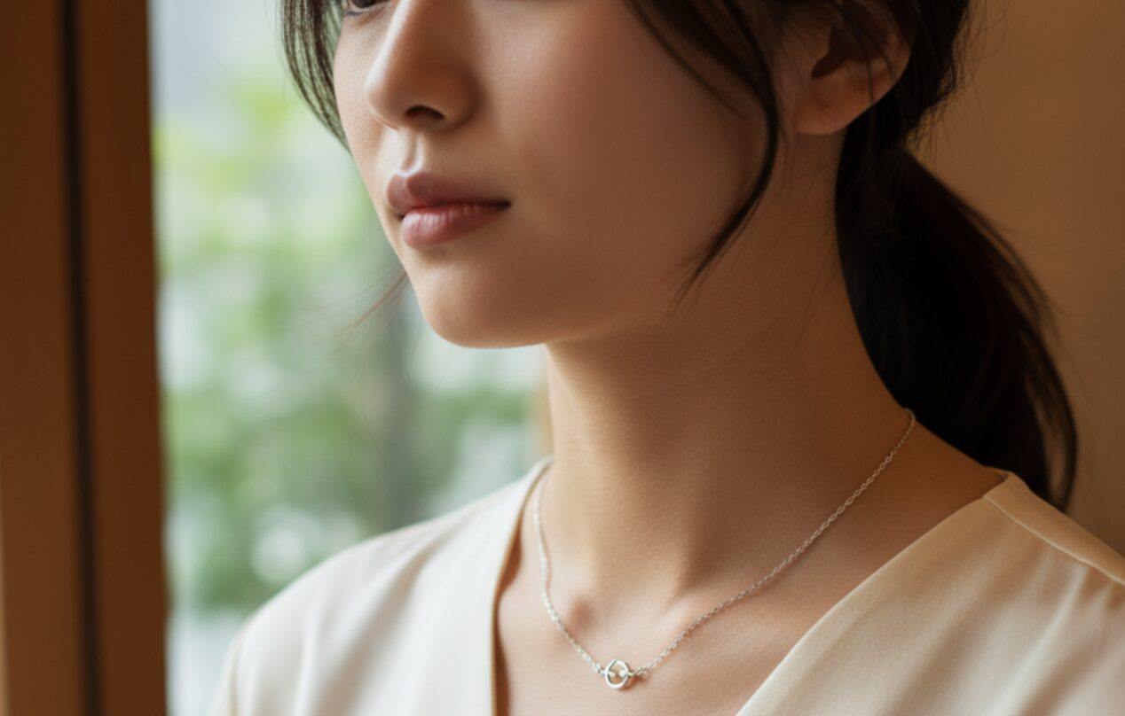 白いブラウスを着た日本人女性が、エルメス シェーヌダンクルPMサイズのシルバーネックレスを着用している様子。窓の外の緑を背景に、上品な輝きが首元を飾る。