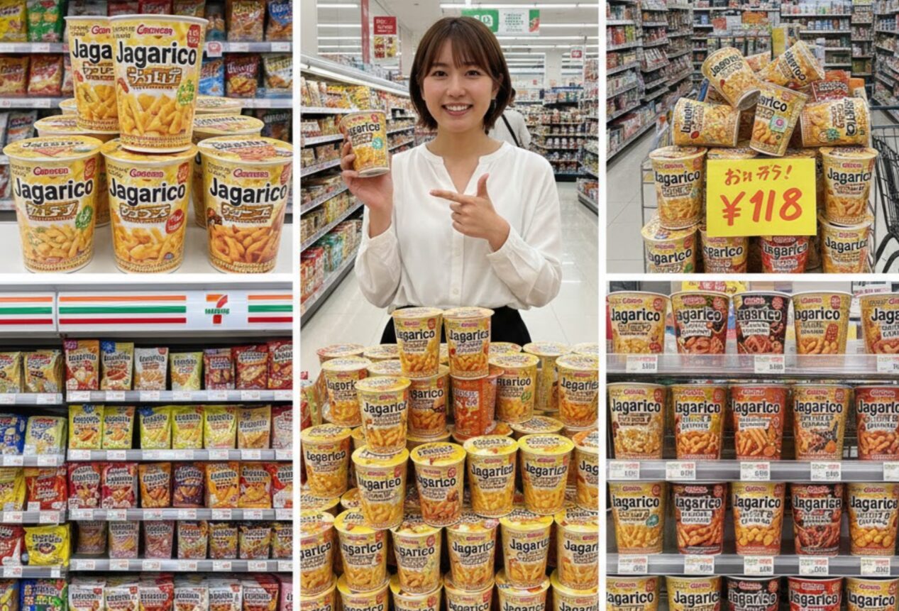 コンビニエンスストアの棚に陳列されたじゃがりこの定番フレーバーと、笑顔でじゃがりこを指し示す日本人女性。コンビニでの販売価格が他の店舗と比較して高めに設定されていることを示唆している。