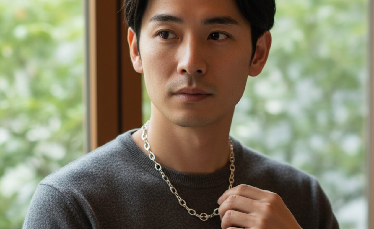 グレーのニットを着た日本人男性が、エルメス シェーヌダンクルMMサイズのシルバーネックレスを着用し、窓の外を見つめている。ネックレスがファッションのアクセントになっている。