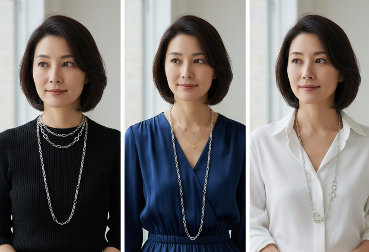 3枚の並んだ画像で、同じ日本人女性がエルメス シェーヌダンクルのロングネックレスを異なるスタイルで着用している。左は二重巻き、中央は一本でシンプルな装い、右は白いシャツに合わせたエレガントなスタイル。