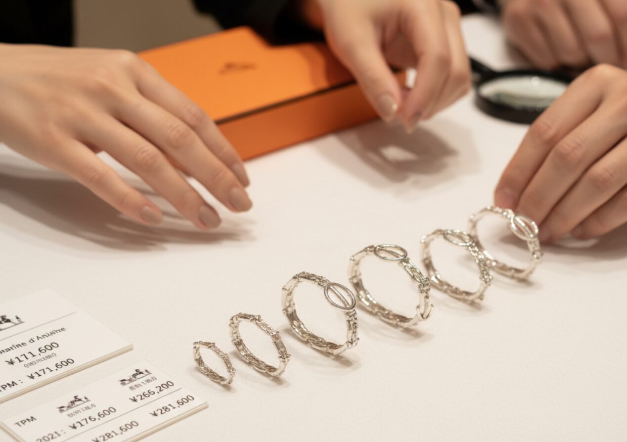 エルメスブティックのカウンターで、さまざまなサイズのシェーヌダンクルブレスレットが並べられている。日本人店員が顧客にブレスレットを説明し、価格表も見える。