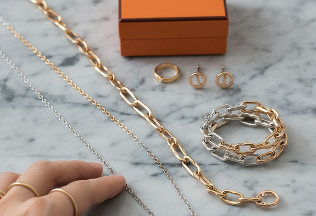 大理石のテーブルに置かれたエルメスのシェーヌダンクルのシルバーとゴールドのネックレス、ブレスレット、リング、ピアス。奥にはエルメスのオレンジ色の箱が見える。