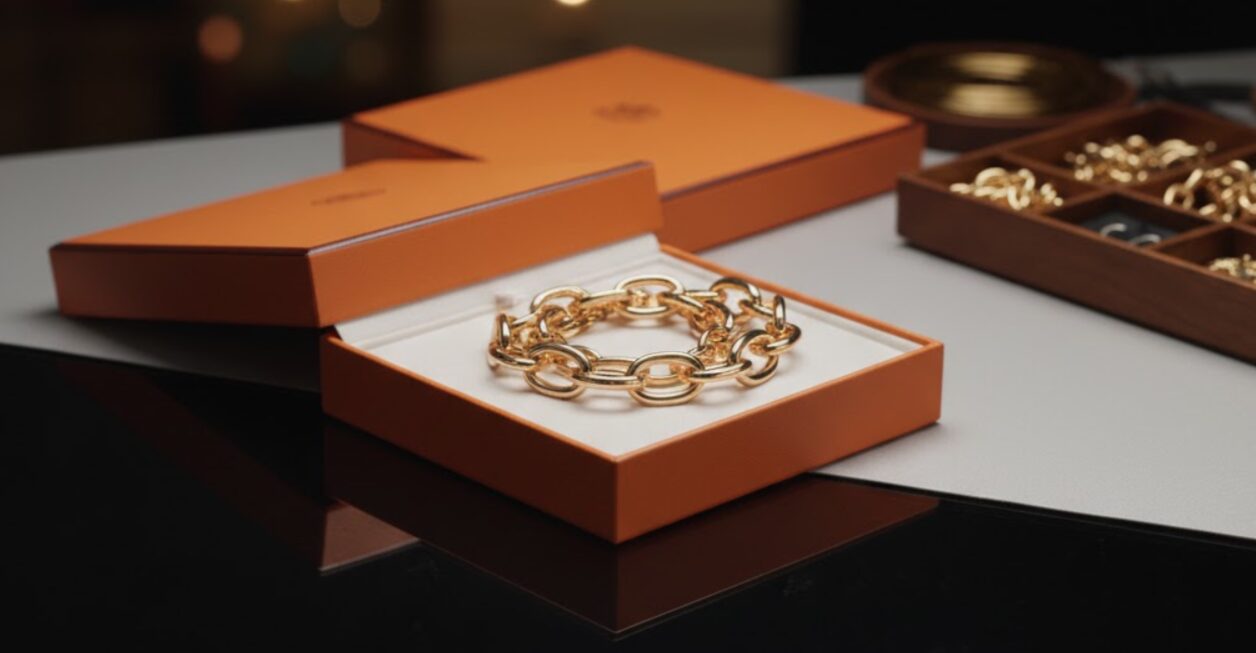 少し開いた高級な(無地の)オレンジ色のジュエリーボックスの中から、K18ピンクゴールドのシェーヌダンクル・ブレスレットが輝きを放っている様子。