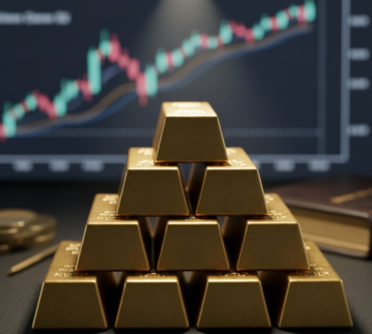 整然と積み上げられた、輝く複数のゴールドインゴット(金の延べ棒)。資産価値と富を象徴する画像。