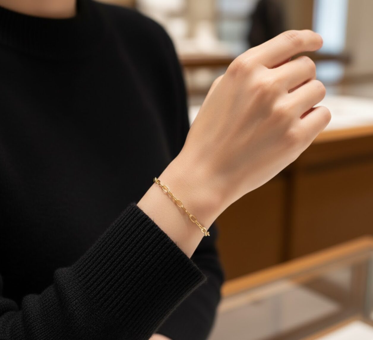 上質な黒いセーターを着た日本人女性の手首に、華奢なK18イエローゴールドのシェーヌダンクル(TPMまたはPMサイズ)が装着されている上品なイメージ画像。