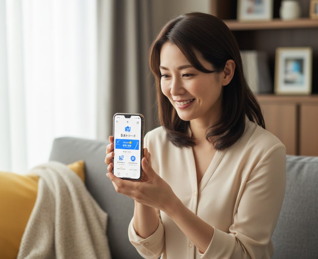 自宅のリビングでスマートフォンを手に持ち、公式の定価トレードの仕組みに安心した表情を浮かべる日本人女性。