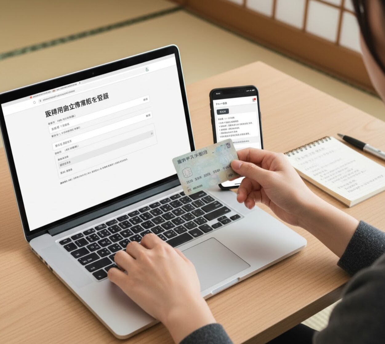 ノートパソコンとスマートフォンが置かれた机の上で、出品手続きのための返金用口座情報（キャッシュカード）を確認する日本人の手元。