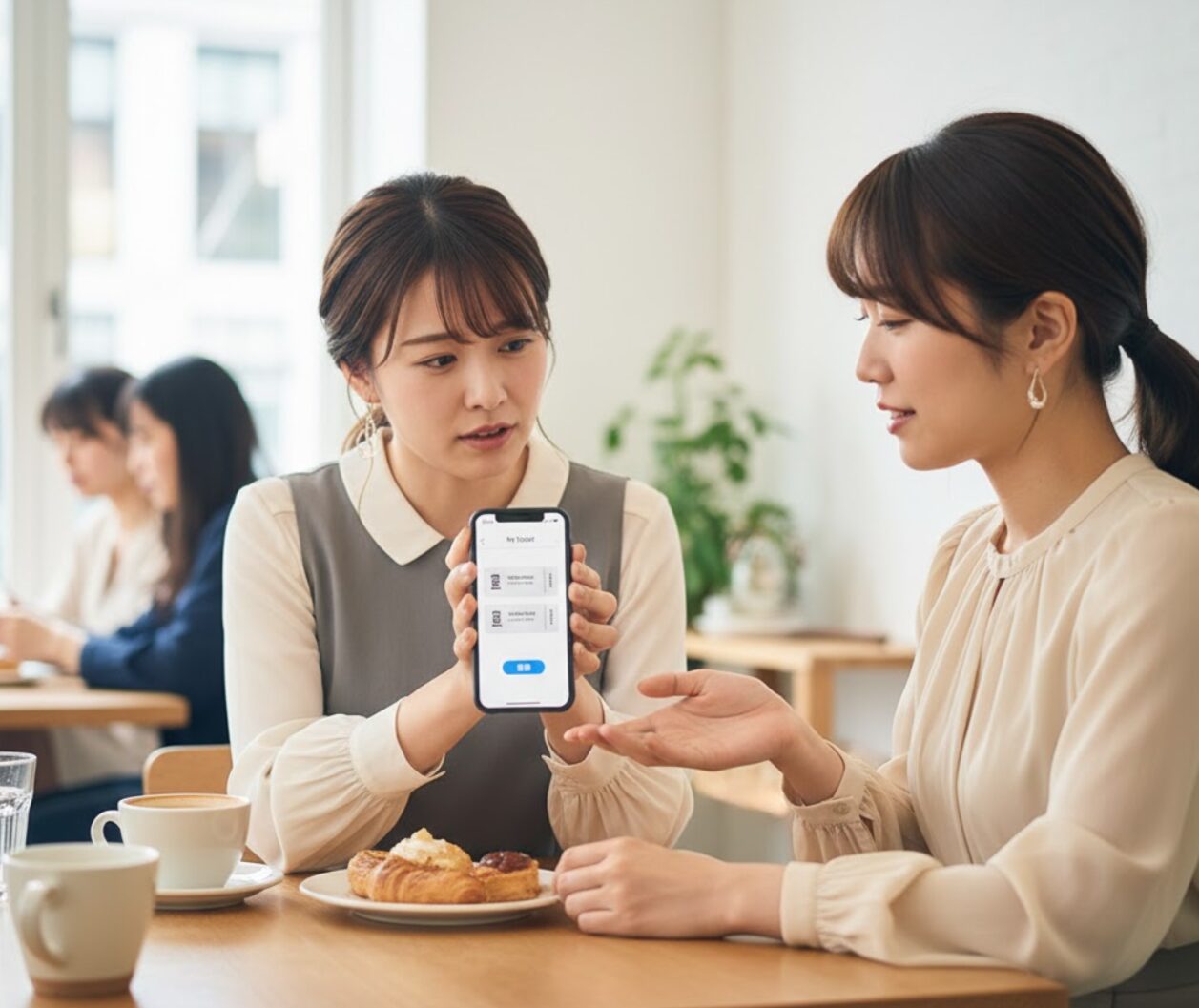 カフェで、行けなくなった友人にスマートフォンを見せながら、同行者分のチケット出品について相談する日本人女性。