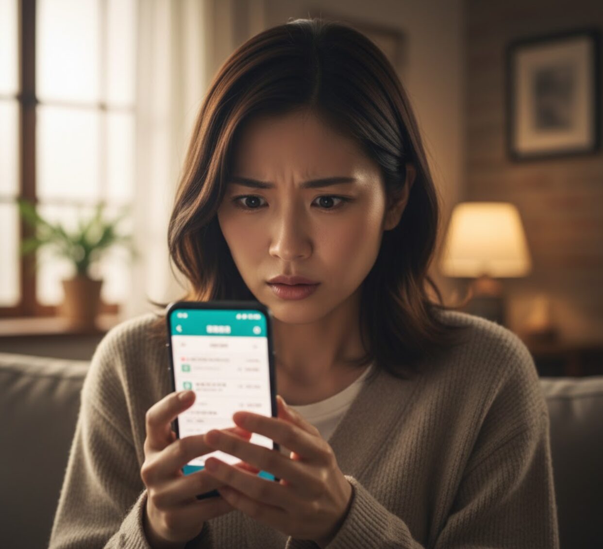 スマートフォンを両手で持ち、定価トレードの抽選結果を祈るように見つめる日本人女性。