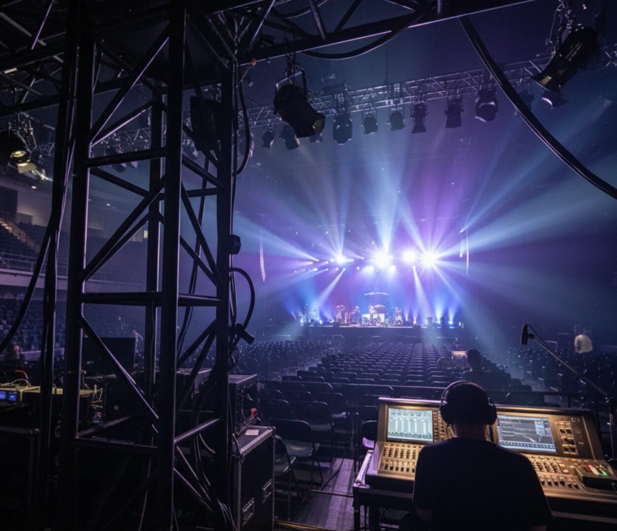 コンサートホールの機材解放席から見たステージの眺め。機材や構造物でステージの一部が見えにくい様子。