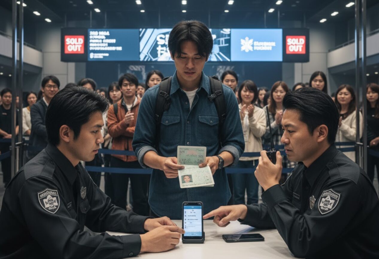 コンサート会場の入場口で、転売対策のためスタッフが来場者の本人確認証を厳しくチェックしている様子。