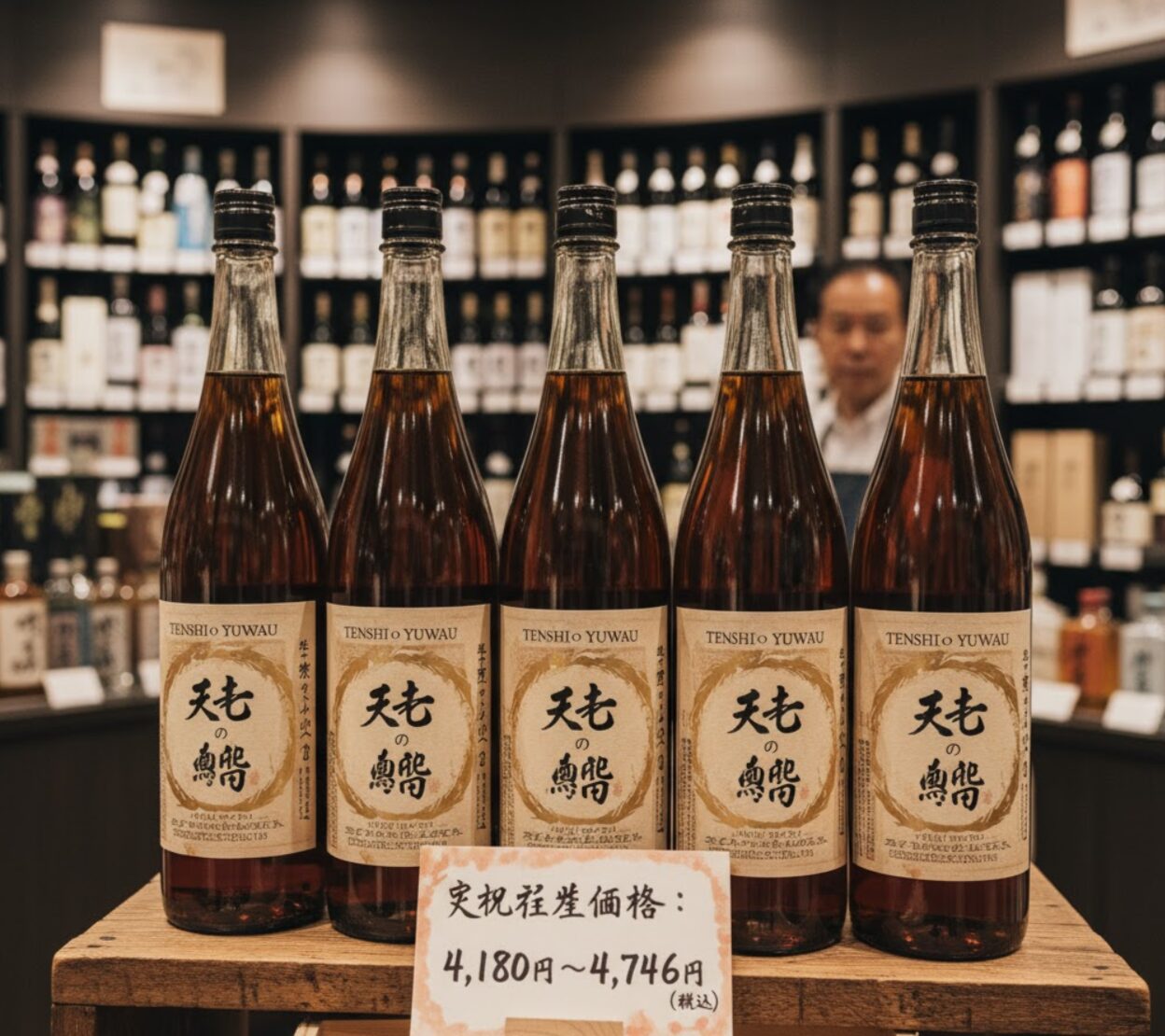 酒屋の店頭に並べられた「天使の誘惑」のボトル。手書きの「実勢価格」が記されたプライスカードが添えられている。