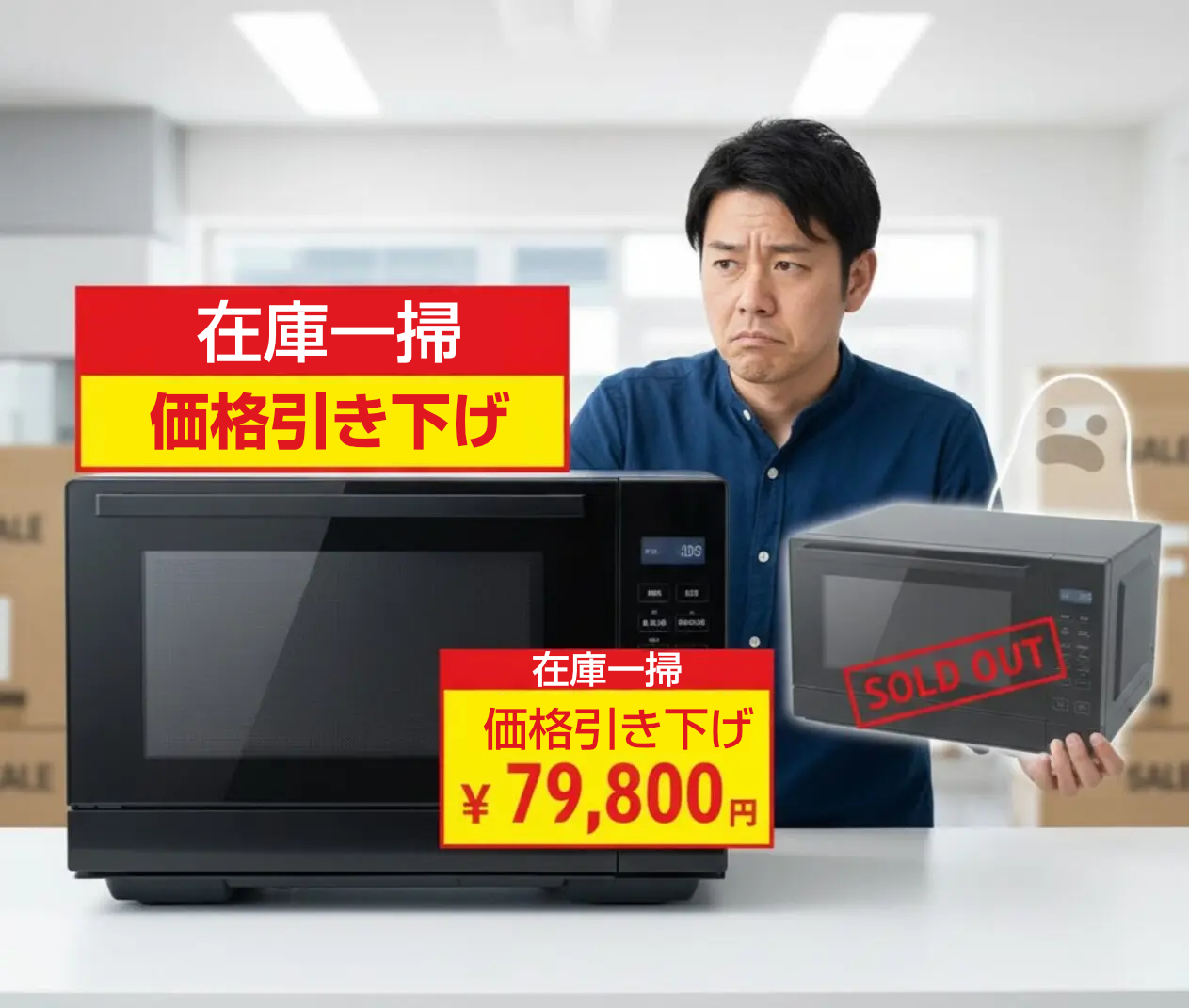 売れ行き不振により値下げされた電子レンジと、購入を迷って売り切れを見送る男性のイラスト。