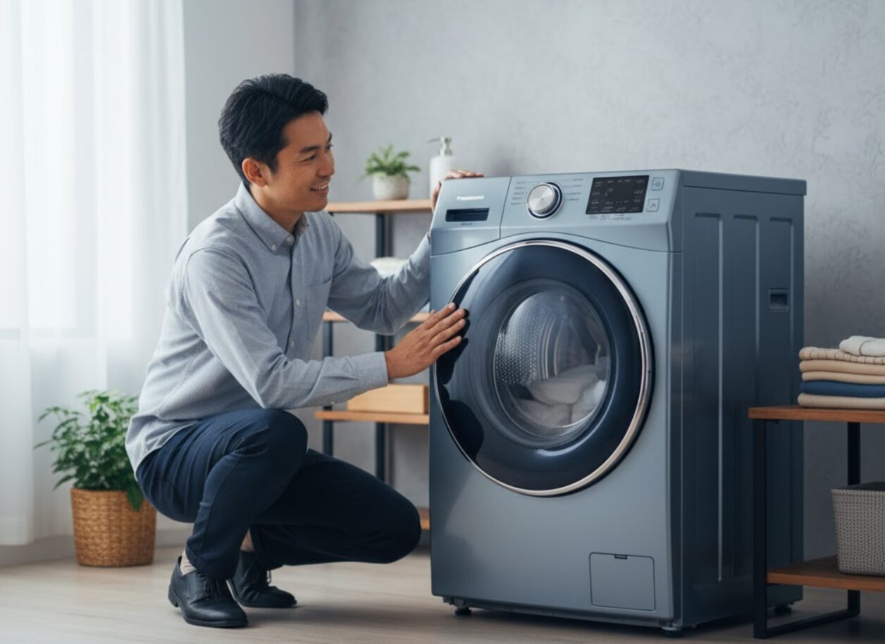 自宅のリビングで新しいドラム式洗濯機に満足げな表情で触れる若い男性。