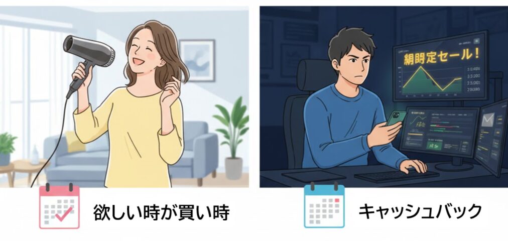 欲しい時に即時購入して満足する女性と、セールやキャッシュバック情報をチェックする男性のイラスト。