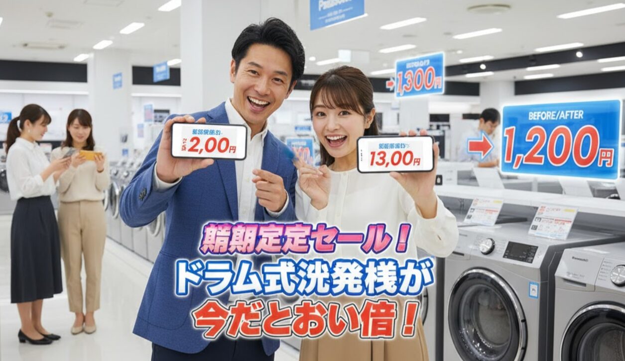 家電量販店で期間限定セール情報をスマホで見つけ、笑顔で喜ぶ若い日本人夫婦。