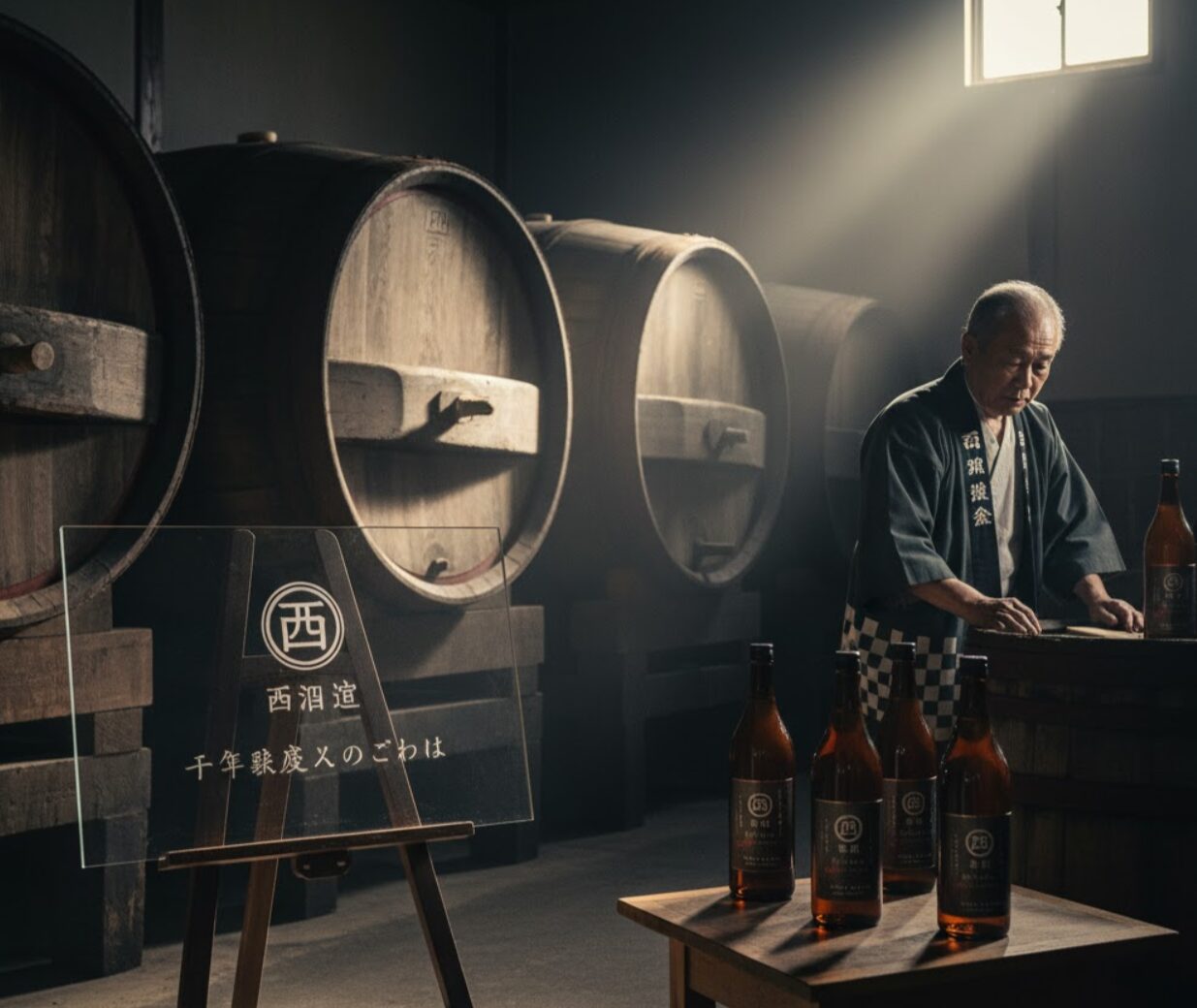 趣のある熟成蔵の中で、西酒造の職人が樽を前に焼酎のボトルを丁寧に扱っている。木樽と窓から差し込む光が神聖な雰囲気を醸し出している。