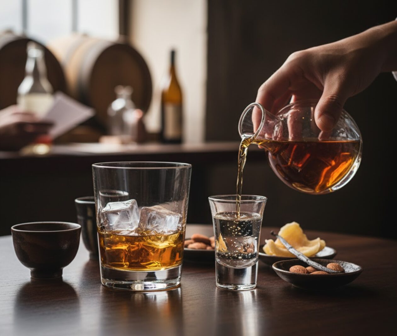 木製のテーブルに置かれた「天使の誘惑」と見られる琥珀色の液体が注がれるショットグラスと、氷入りグラス。奥には樽が映る。