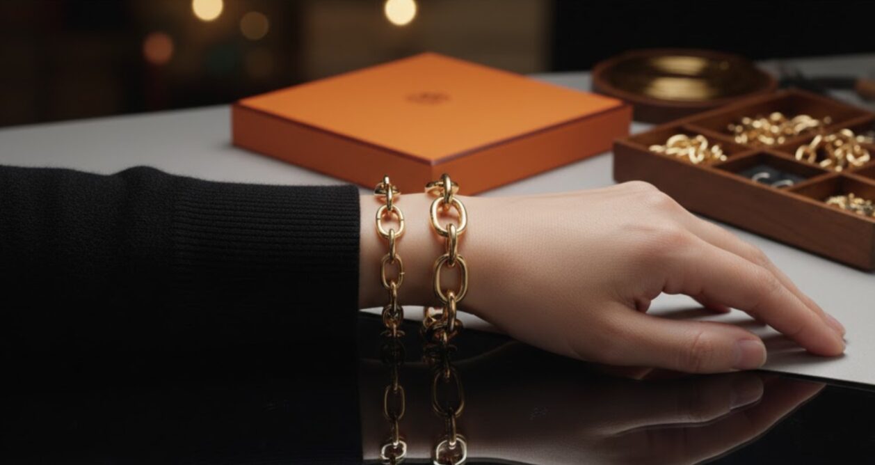 暗い背景にスポットライトで照らされ、重厚な輝きを放つK18イエローゴールドのシェーヌダンクル・ブレスレット。