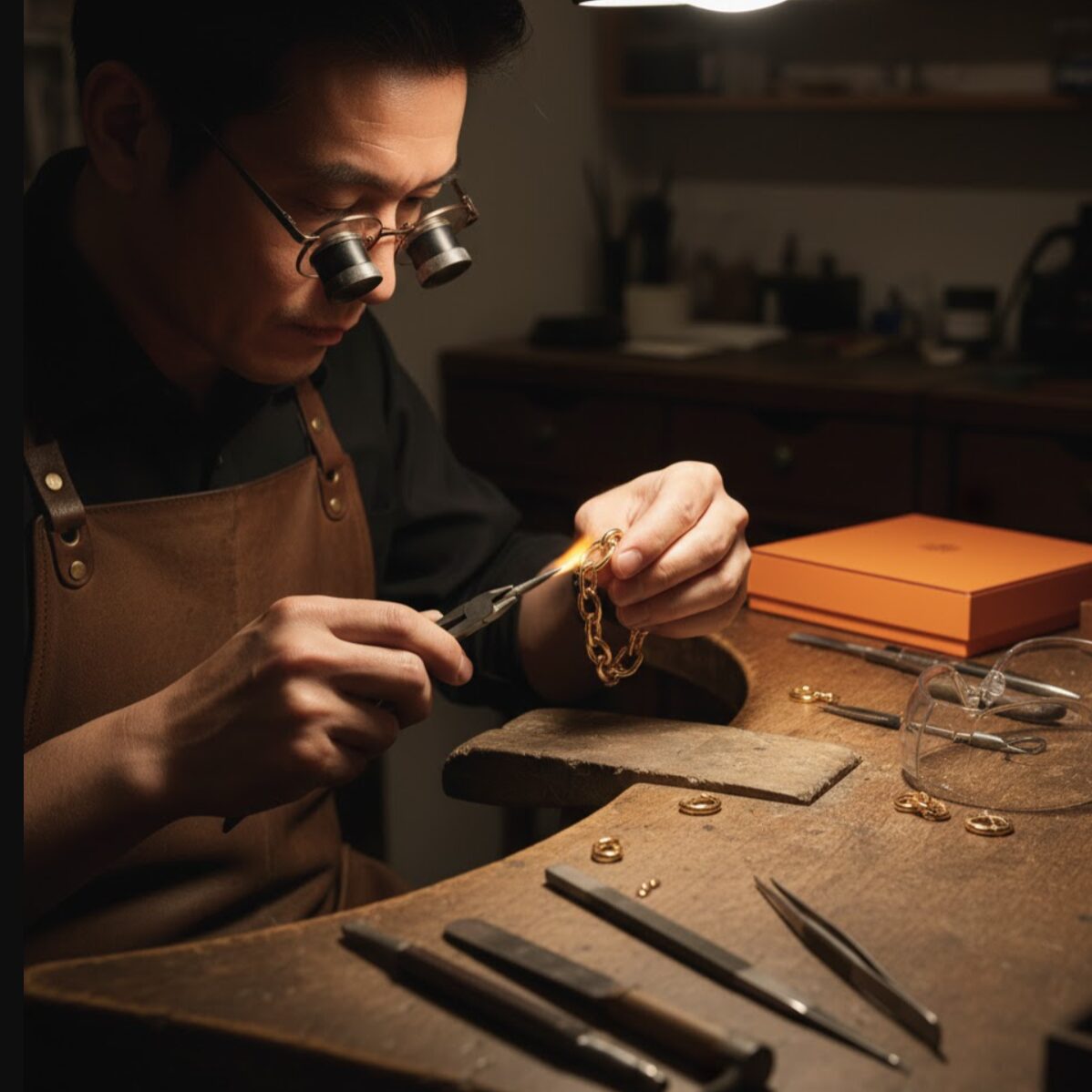 宝飾品職人(日本人)が、作業台の上で精密な工具を使い、ゴールドのチェーンリンクを丁寧に手作業で仕上げている様子。